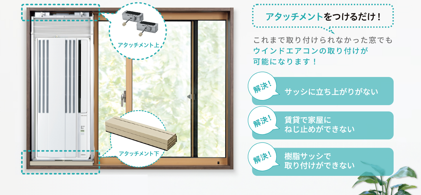 アタッチメントをつけるだけ! これまで取り付けられなかった窓でもウインドエアコンの取り付けが可能になります!